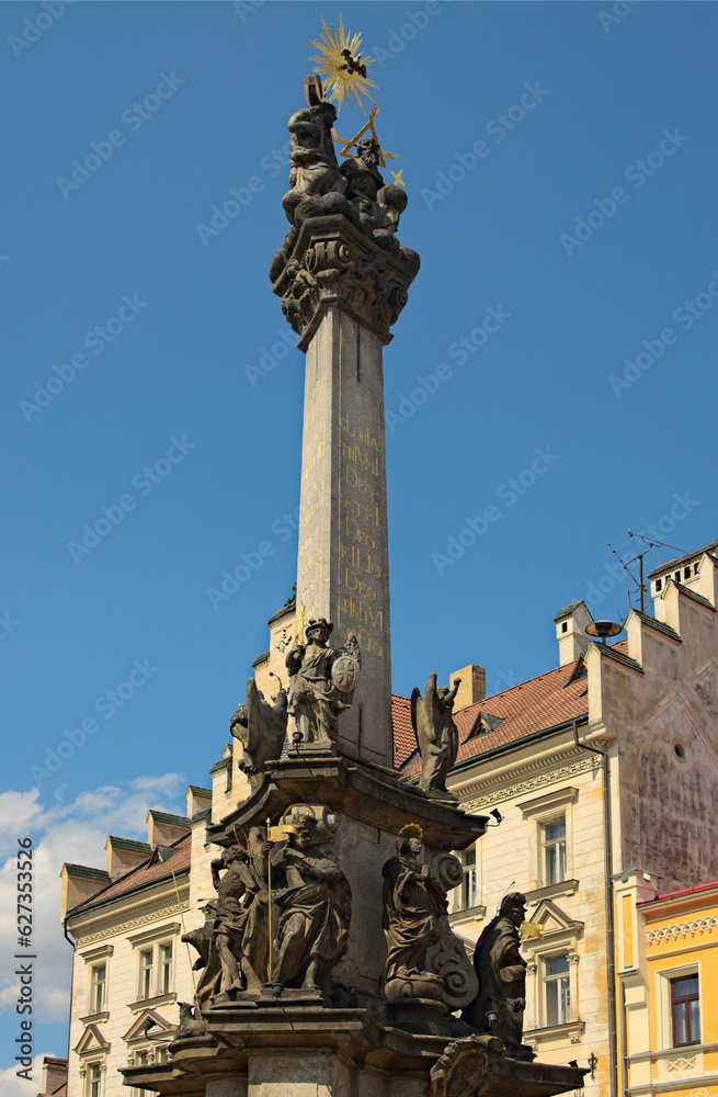 Detailed view of medieval Plague Column in historic center of Loket town, Bohemia, Sokolov, Karlovarsky Region, Czech Republic. Travel and tourism concept