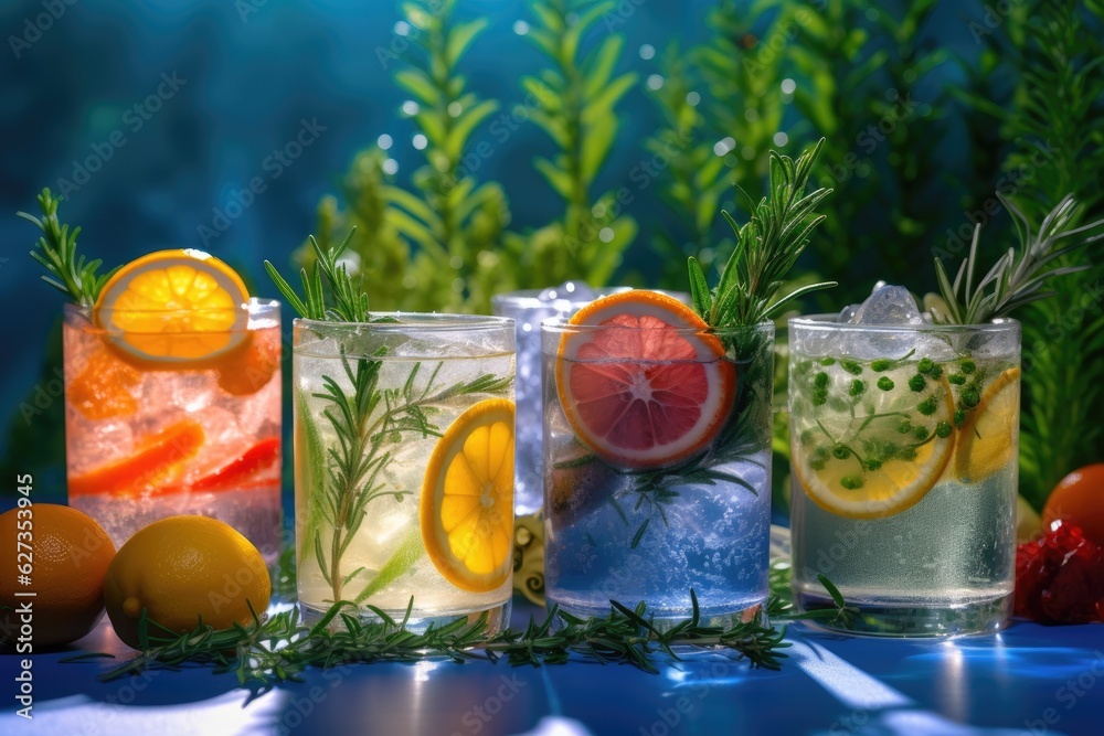 Four tropical drinks with fruits on a blue background