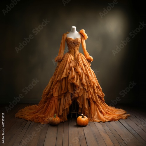 Pumpkin Orange Ball Gown, Autumn Halloween Fancy High-Low Hem Dress on Mannequin in Studio photo