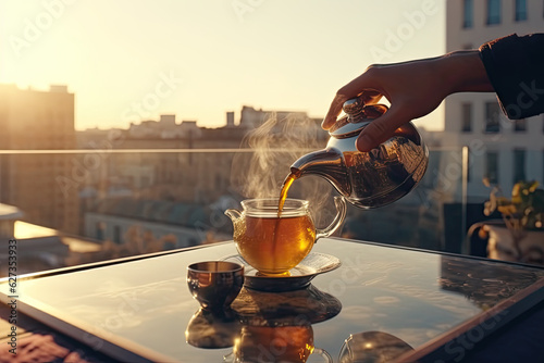 closeup of a hand pouring tea into a cup outdoors, romantically on a sunset photo