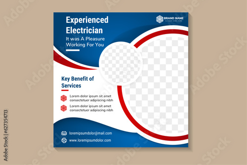 experienced Electrician services promotional Square banner social media post or advertisment ads design template. circle space or photo collage. square layout with blue and red colors on element.
