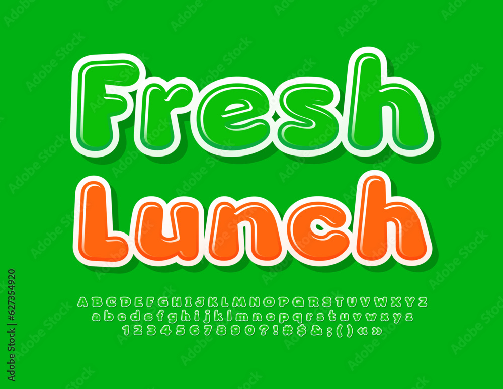 Vector bright Poster Fresh Lunch. Bright Glossy Font. Cute Alphabet Letters and Numbers set. Vector bright Poster Fresh Lunch. Bright Glossy Font. Cute Alphabet Letters and Numbers set.