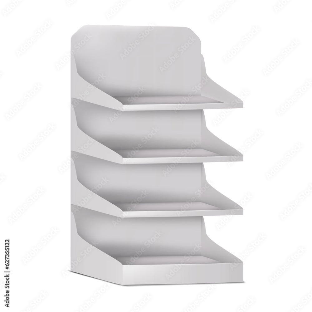 Retail display stand with shelves vector mockup. Blank white vertical rack realistic mock-up. Template for design Retail display stand with shelves vector mockup. Blank white vertical rack realistic mock-up. Template for design