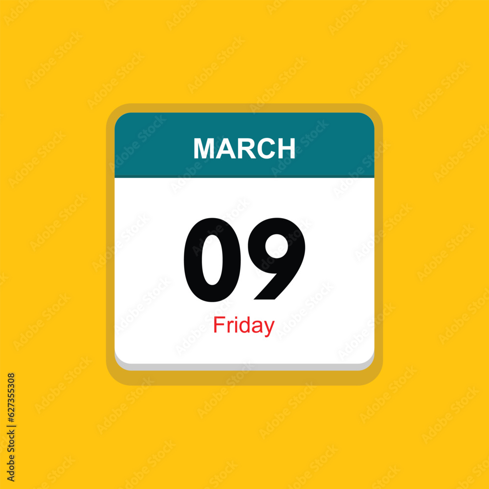 friday 09 march icon with black background, calender icon