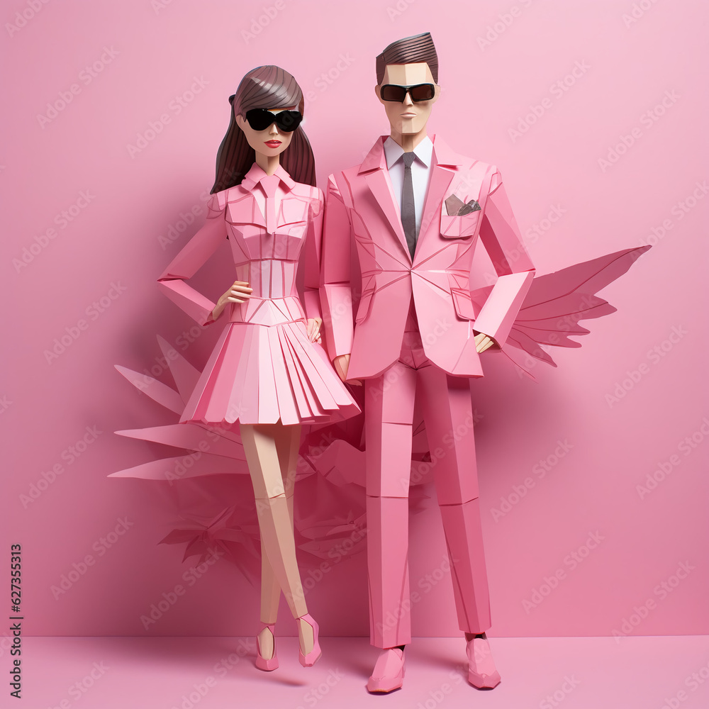 model in pink. man and woman dolls in pink paper. toy style. season trend. made by hand from colored paper. craft. girl in a suit. businesswoman. wedding invitation. party in pink