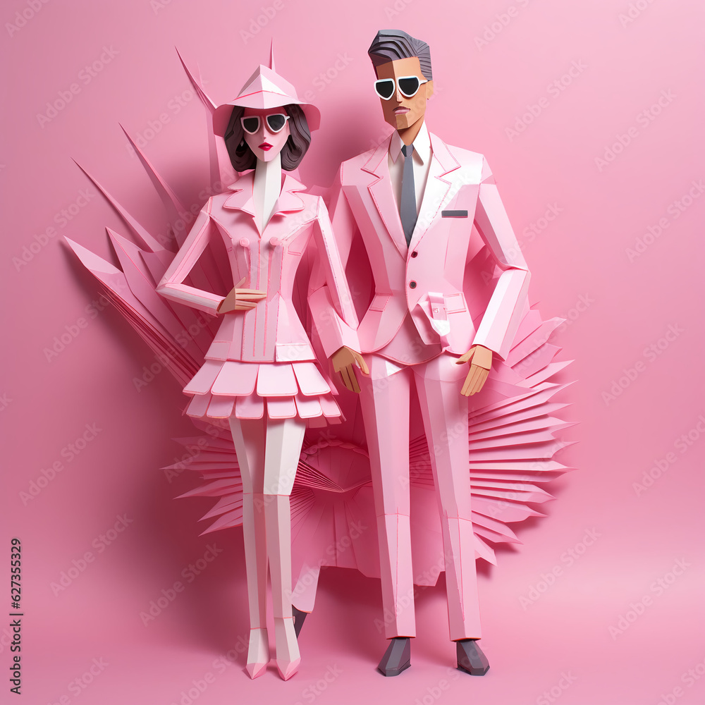 man and woman dolls in pink paper. toy style. season trend. made by hand from colored paper. craft. girl in a suit. businesswoman. wedding invitation. party in pink man and woman dolls in pink paper. toy style. season trend. made by hand from colored paper. craft. girl in a suit. businesswoman. wedding invitation. party in pink