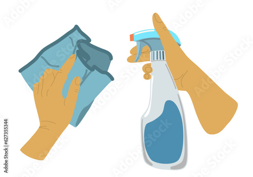 People hands doing house cleaning routine close up vector illustration. Palms with cleaning spray bottle and cloth rag flat style drawing Isolated