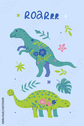 Poster with cute dinosaurs  leaves and flowers. Vector graphics.