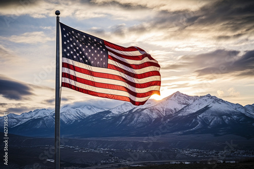 The USA flag flying in front of a stunning mountain range at dawn Generative AI