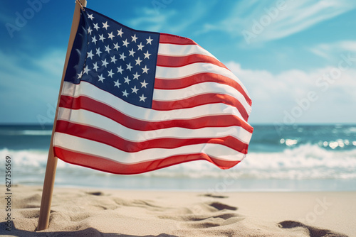 The USA flag waving in the breeze on a sunny beach Generative AI