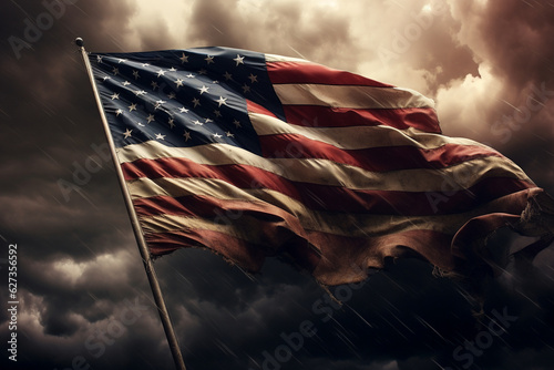 The USA flag flying in front of a thunderous storm cloud Generative AI