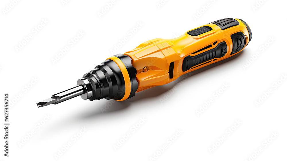 a small yellow cordless screwdriver isolated on white background. Generative AI a small yellow cordless screwdriver isolated on white background. Generative AI