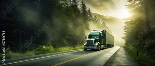 green truck on the long road with beautiful dark forest summer in morning, Generative Ai.