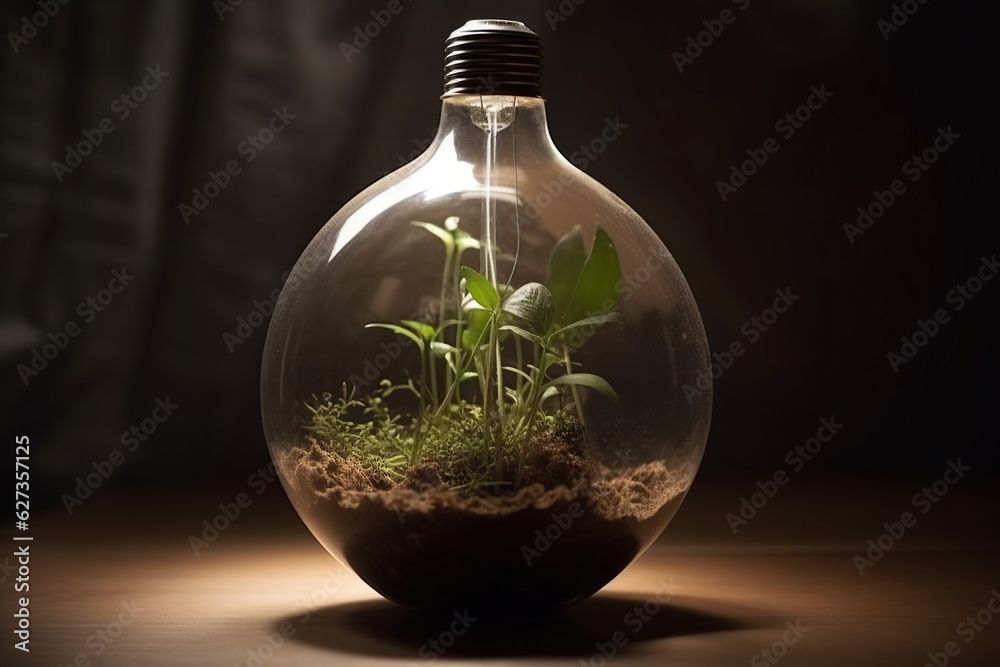 Eco-friendly light bulb with plants and globe inside, Renewable energy concept, Environmental protection, renewable, sustainable energy sources, created with Generative AI Eco-friendly light bulb with plants and globe inside, Renewable energy concept, Environmental protection, renewable, sustainable energy sources, created with Generative AI