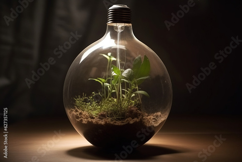Eco-friendly light bulb with plants and globe inside, Renewable energy concept, Environmental protection, renewable, sustainable energy sources, created with Generative AI photo