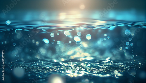 Water surface texture with bubbles and splashes that is defocused blurring transparent blue in color. Trendy abstract background of nature. The sea ripples in the sunlight Ai generated image photo