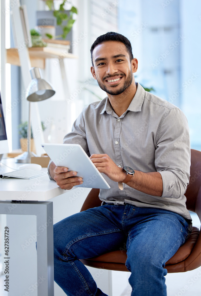 Professional, man and tablet in portrait working as entrepreneur with a smile for a startup at a desk. Business person, male and tech in a company for research is typing online with ideas. Professional, man and tablet in portrait working as entrepreneur with a smile for a startup at a desk. Business person, male and tech in a company for research is typing online with ideas.