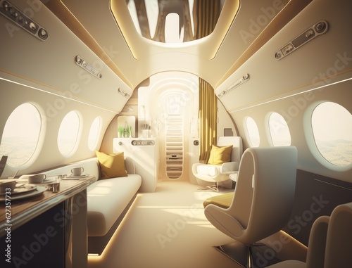 luxury interior in the modern business jet and sunlight at the window sky and clouds through the porthole