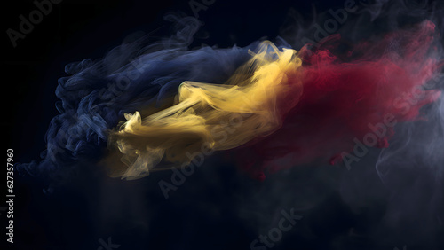 abstract background of Romanian flag made of smoke on black background, neural network generated photorealistic image