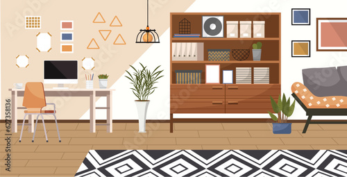Home office. Interior vector illustration. Work from home. Office space into vibrant and creative hub Creating an inspiring workplace is crucial for focused work The room serves as a versatile