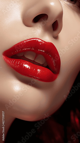 Vibrant Red Lips Close-Up, Emphasizing Beauty and Elegance