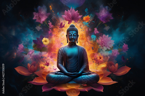 buddha in lotus position with colorful mandala painting on the black background