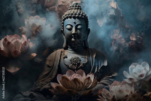 buddha and lotus in black in front of smoke, in the style of photorealistic details, moody colors, close-up shots, light indigo and bronze, emotive faces
