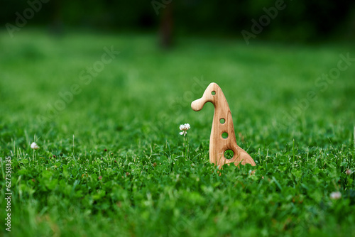 Natural wooden toy made of walnut wood on a green background. High quality photo