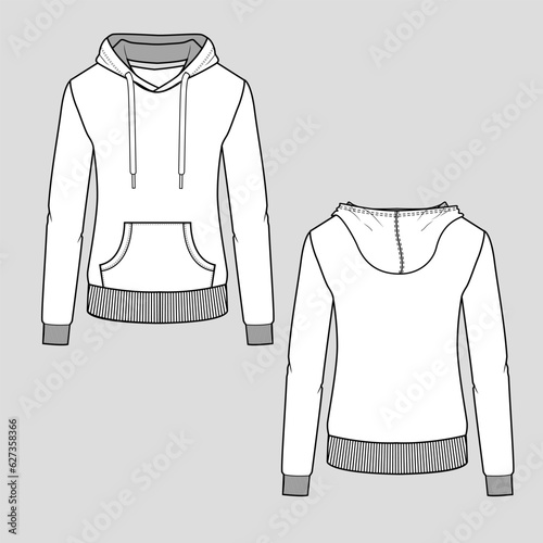 Winter Hoodie sweatshirt drawstring kangaroo pocket rib cuff hem autumn fashion flat sketch technical drawing design vector