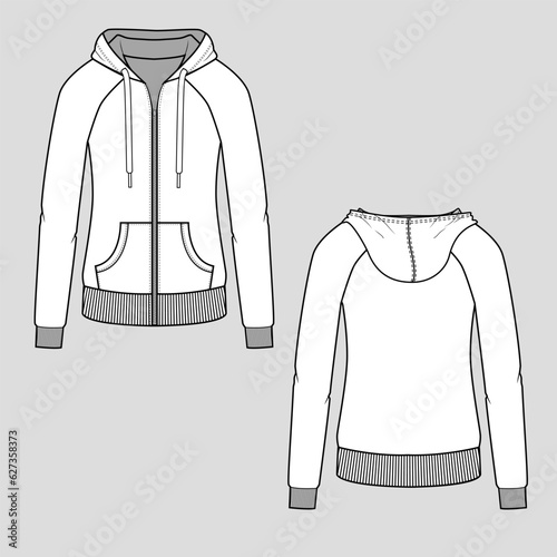 Winter Raglan sleeve Zipper hoodie sweatshirt drawstring kangaroo pocket rib cuff hem autumn fashion flat sketch technical drawing design vector
