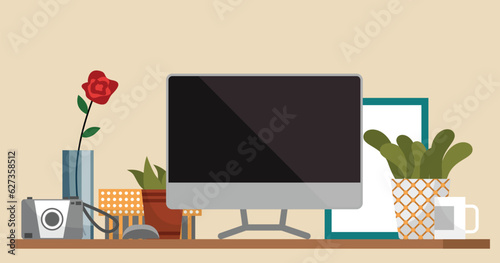 Home office interior. Vector illustration. Workspace for freelance job Modern interior with desktop Workplace or home office with stylish comfy furniture and modern home decorations in trendy hygge