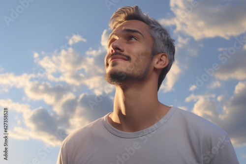 Happy excited Caucasian European inspired man traveler look to summer blue sky clouds young handsome smiling guy male looking up enjoy view contemplate smiling dreaming in city outdoors thinking