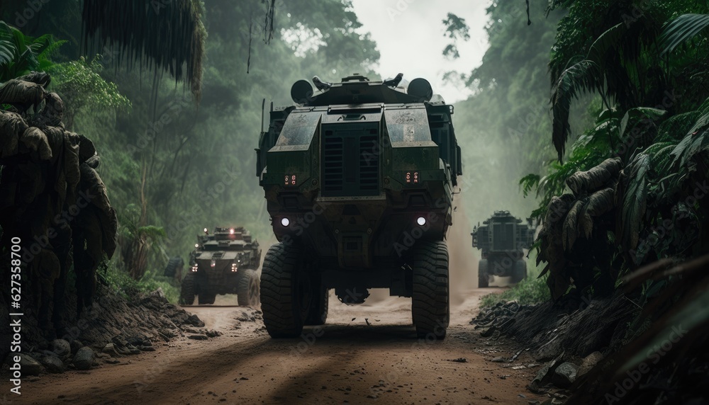 Fototapeta premium Military training on the battlefield with armored vehicles drives on forest road. Army war concept.