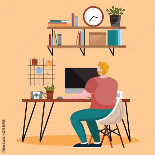 Home office interior. Vector illustration. Interior for freelancer study room furniture Freelance or studying concept Concept for telework, free lance workers, worker at home Classic homeoffice