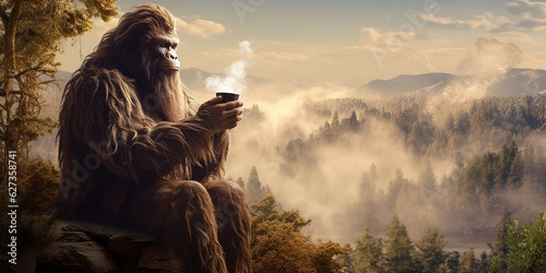 Bigfoot drinking a hot cup of coffee with scenic mountain view. Generative AI photo