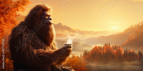 Bigfoot drinking a hot cup of coffee with scenic mountain view. Generative AI photo