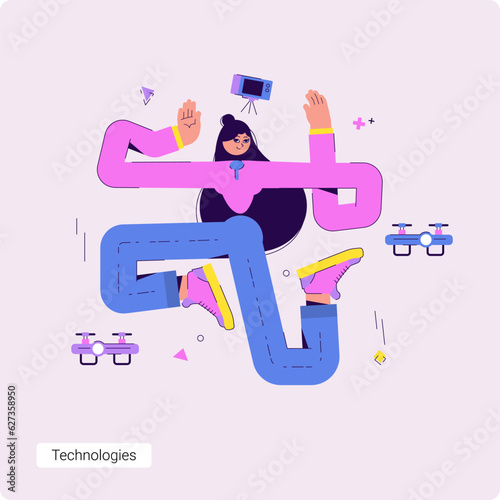 A set of conceptual vector business illustrations with a young girl who is surrounded by technology. The phone, drone and camera are in the air.
