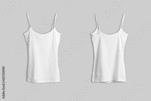 White tank top, sleeveless t-shirt, isolated, mockup.women underwear. Hanging tank, against an empty wall.front and back view.3d rendering.