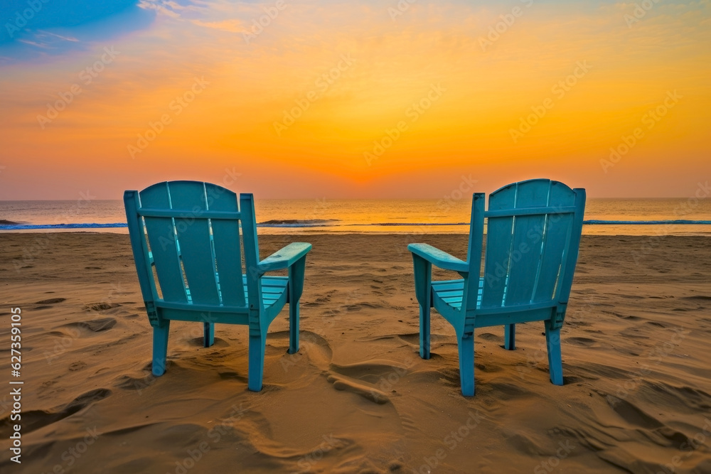 Two blue chairs on the beach at beautiful sunset or sunrise time. Travel content. Generative AI.