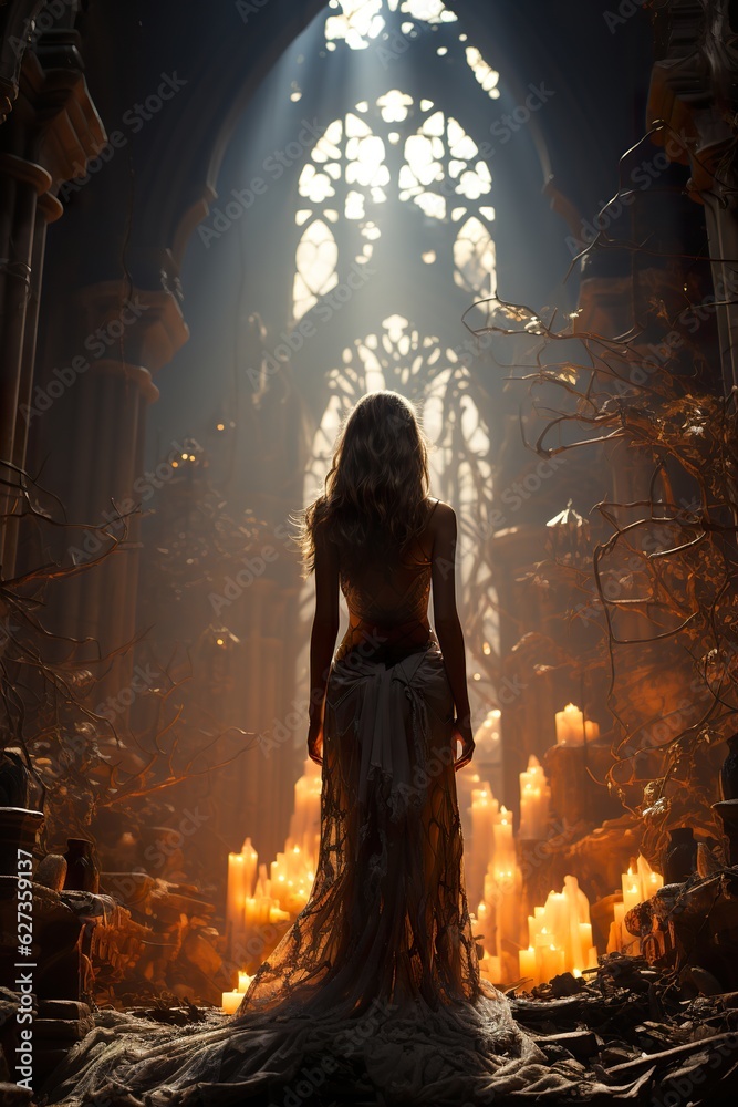 Halloween poster, Enchanting fairy-like enchantress, ancient castle, ethereal atmosphere, eerie silhouette,AI illustration, digital, virtual, generative