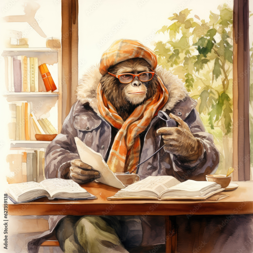 Monkey reading a book painted in watercolor Monkey reading a book painted in watercolor