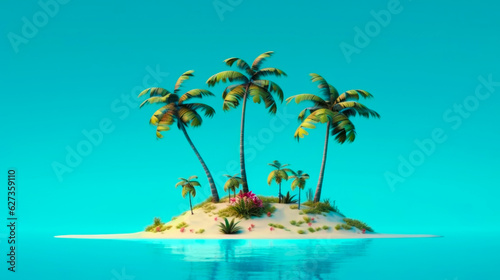 Tropical island with palm trees and flowers. 3d illustration. Generative AI.