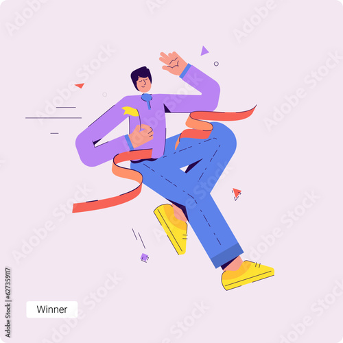 A set of conceptual vector business illustrations with a happy businessman winner. Trendy flat vector illustration of businessman crossing the finish line with flag.