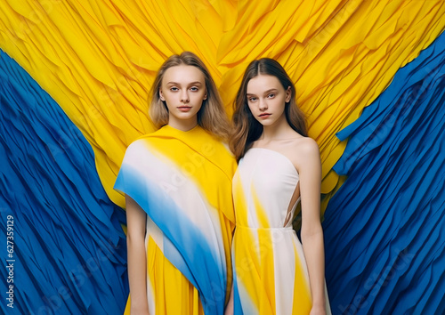 two young beautiful girls in yellow and blue dresses on the background of the Ukrainian flag. Generative AI.