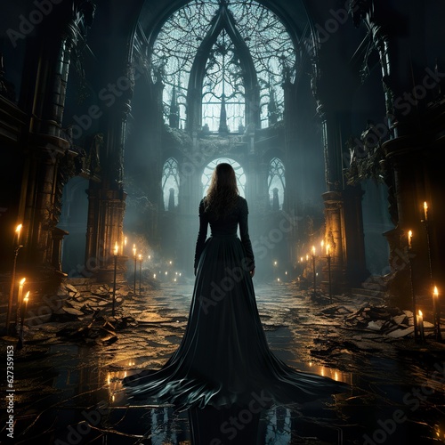 Foto Halloween poster, Enchanting fairy-like enchantress, ancient castle, ethereal at