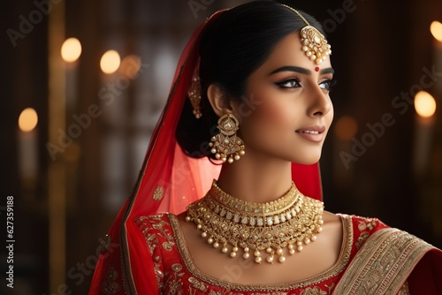 A young female of Indian ethnicity wearing traditional bridal costumes and jewellery.