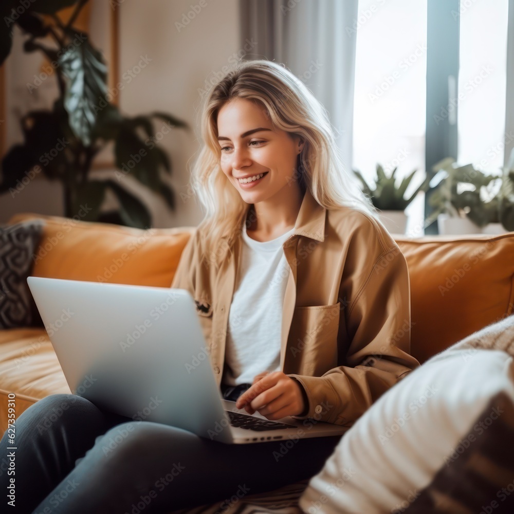 Positive woman video calling using laptop at home stock photo Positive woman video calling using laptop at home stock photo