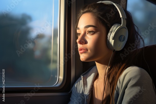 Young chilled Caucasian European girl American woman calm female relaxed lady in headphones listening to music audio song sound relaxing in train ride looking through window dreaming bus riding © Yuliia