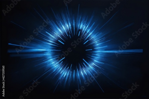 An abstract painting of a black background with streaks of neon blue light radiating from the center.Created with generative AI