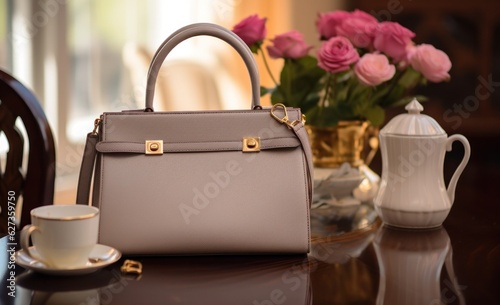 Modern elegant leather bag on coffee table